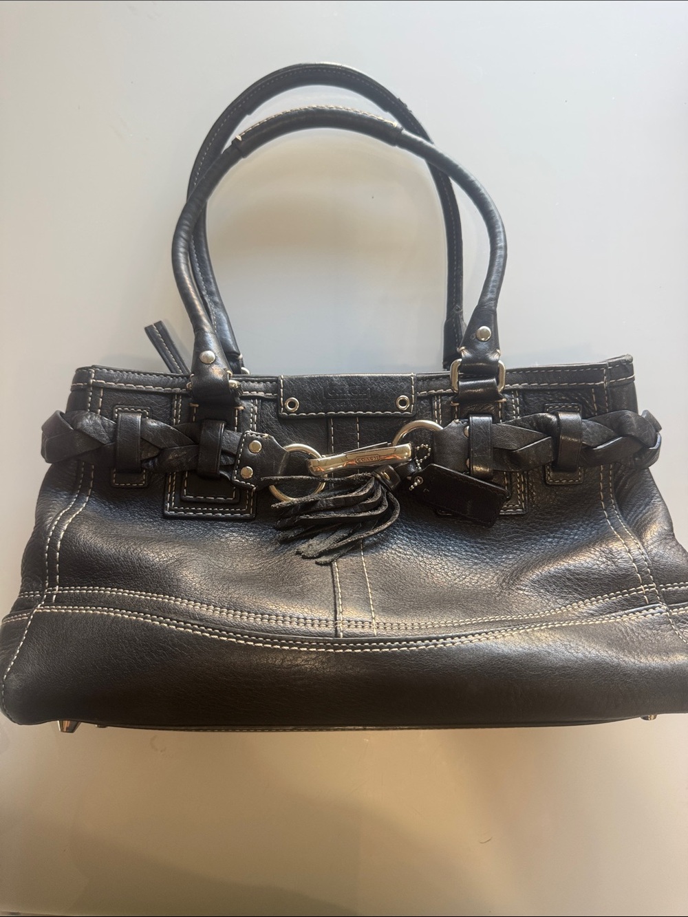 Coach Hampton Carryall Black Leather Shoulder Bag with Braided Horsebit detail